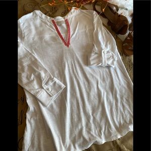 LOFT White V Neck Long Sleeve Adjustable Blouse